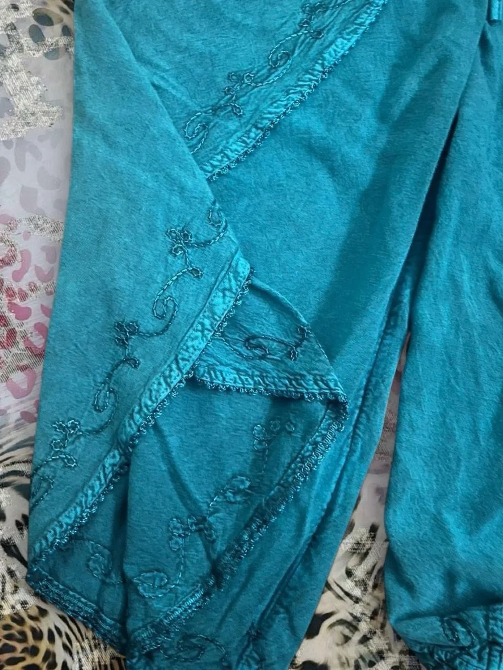 Boho Embroidered Teal Wide-Leg Pants & Overlay Set